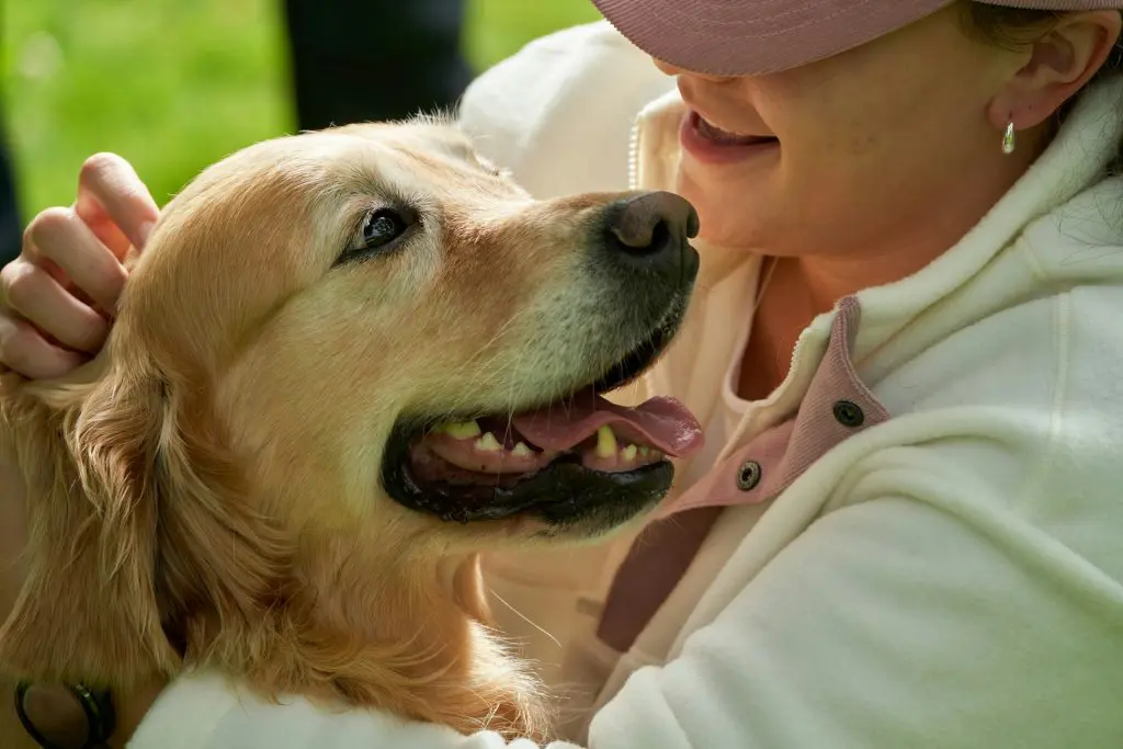A woman is loving and petting on a dog.